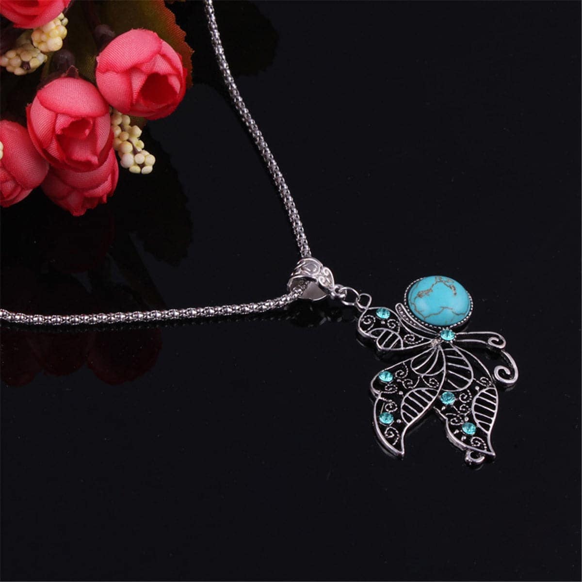 Turquoise & Cubic Zirconia Silvertone Butterfly Pendant Necklace