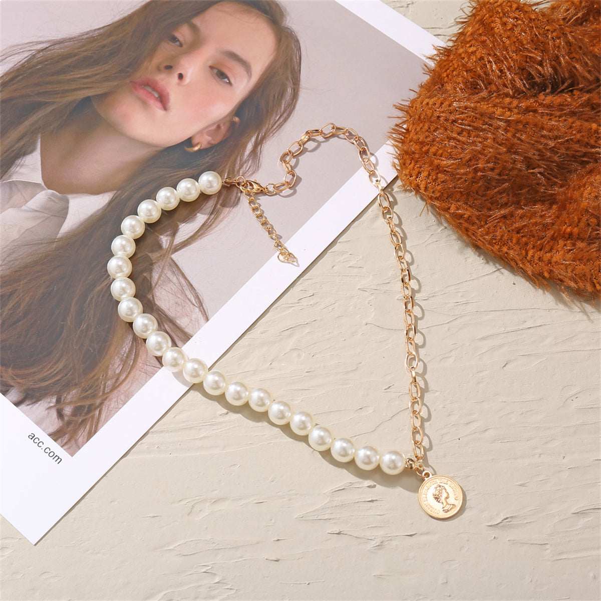 Pearl & Goldtone Coin Pendant Necklace