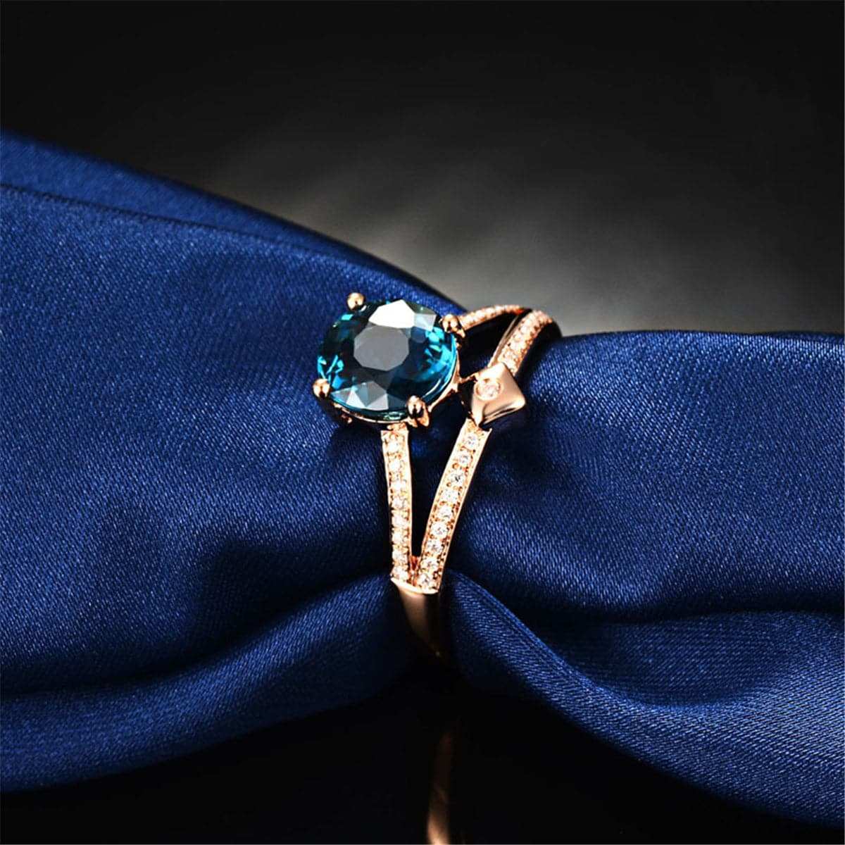 Blue Crystal & Cubic Zirconia Rose Goldtone Two-Row Round Ring