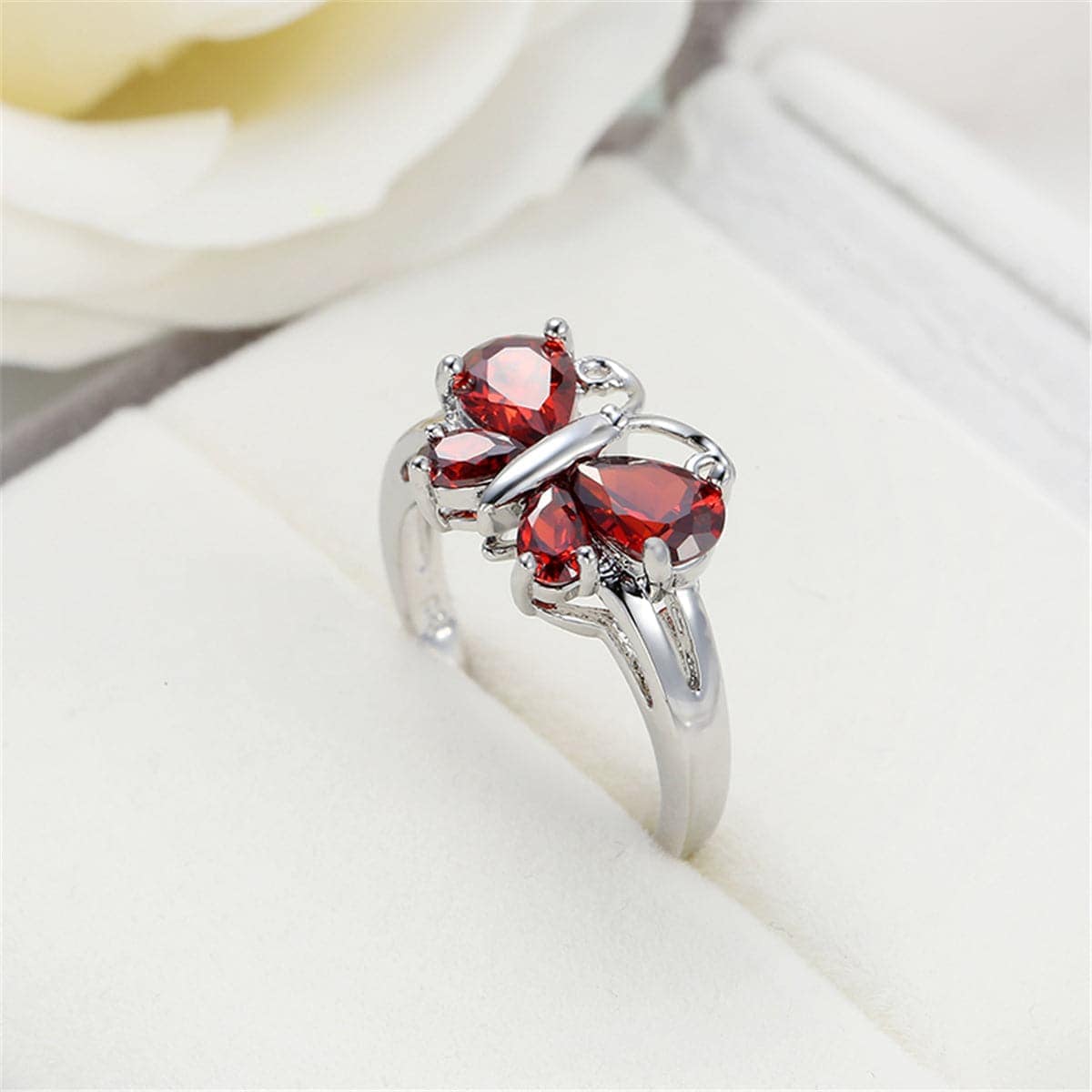 Red Crystal & Silvertone Butterfly Ring