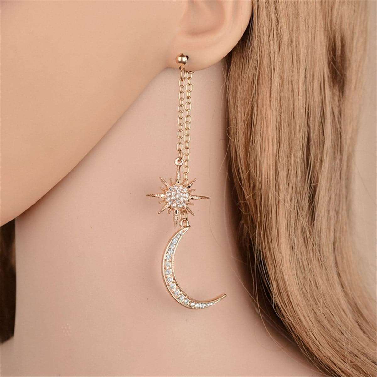 Cubic Zirconia & Goldtone Hanging Moon Star Drop Earrings