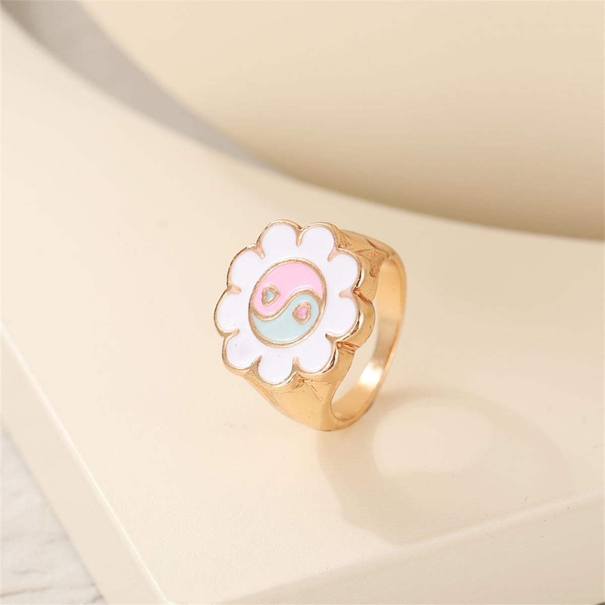 White Enamel & Goldtone Yin Yang Flower Ring