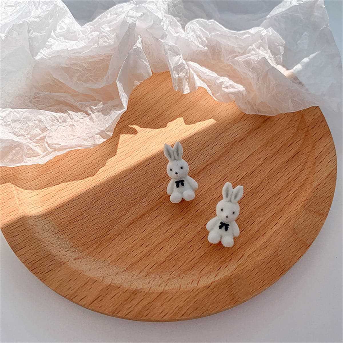 White Gabardine & Silvertone Rabbit Stud Earrings