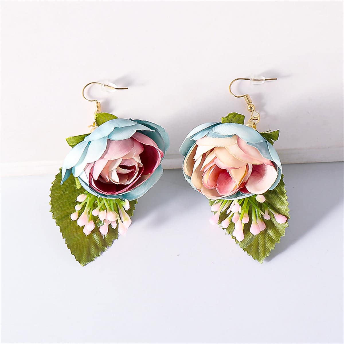 Blue Plastic & Goldtone Flower Drop Earrings