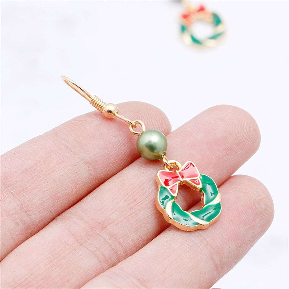 Green Enamel & Acrylic Goldtone Bow Wreath Drop Earrings