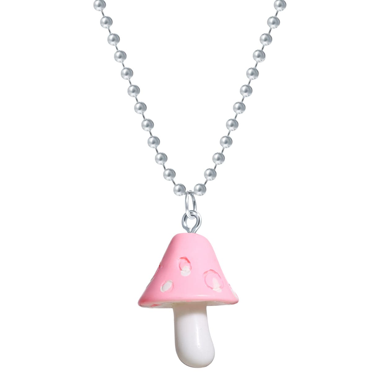 Pink Resin & Silvertone Ball Chain Mushroom Pendant Necklace