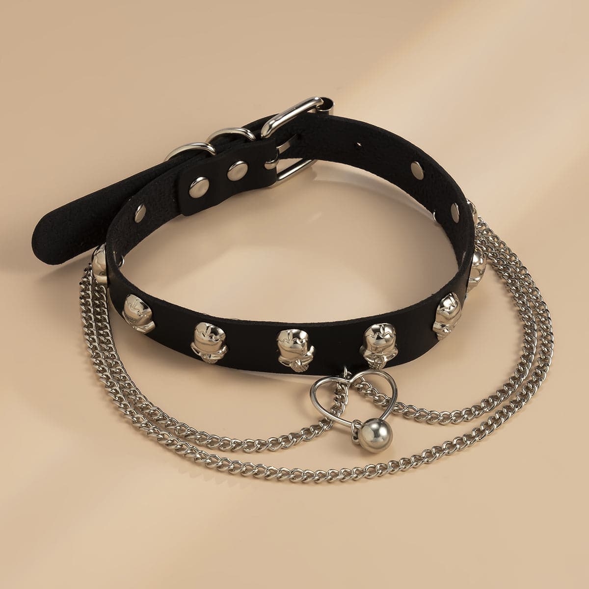 Black Leather & Silvertone Skull Station Heart Chain Choker