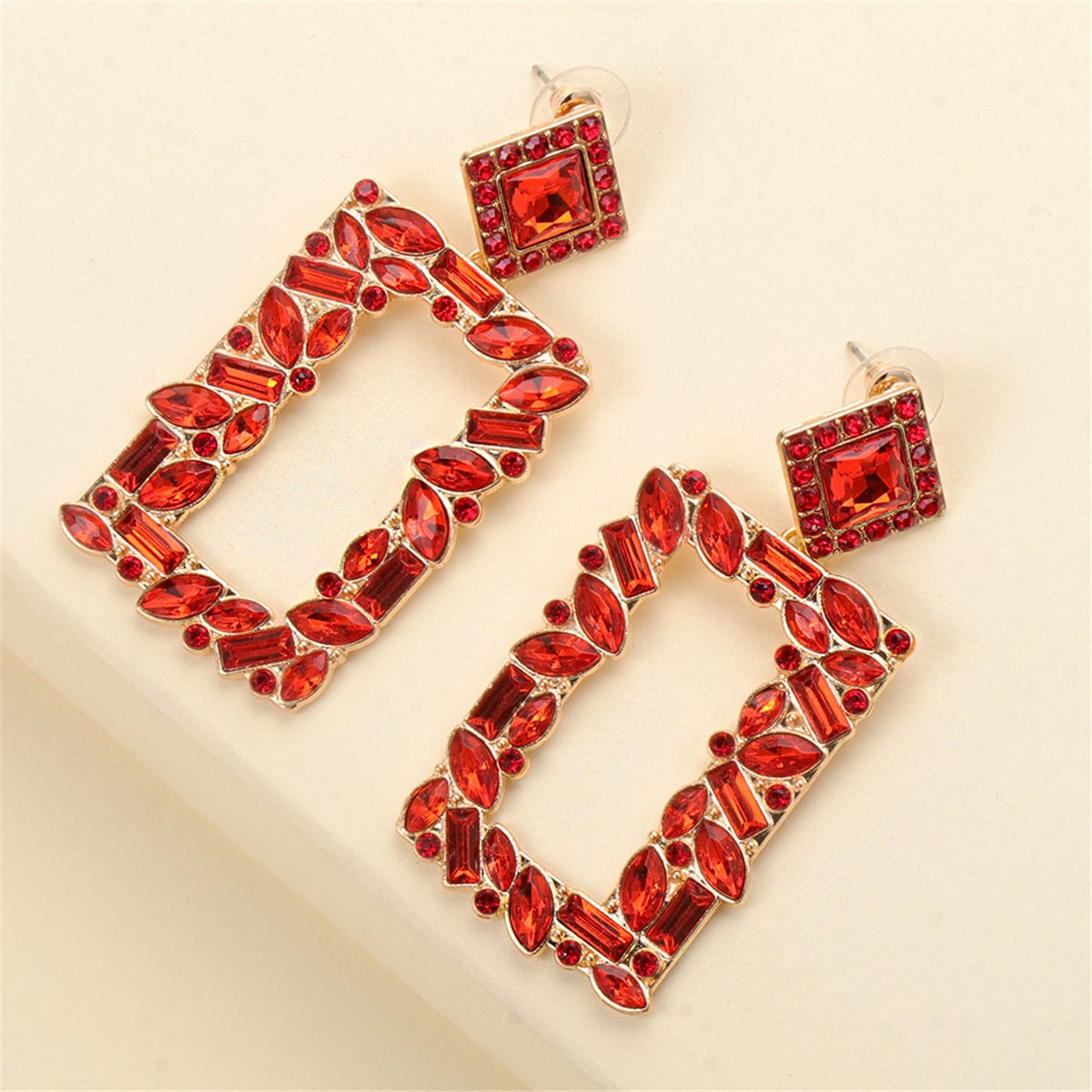 Red Crystal & Cubic Zirconia Goldtone Open-Rectangle Drop Earrings