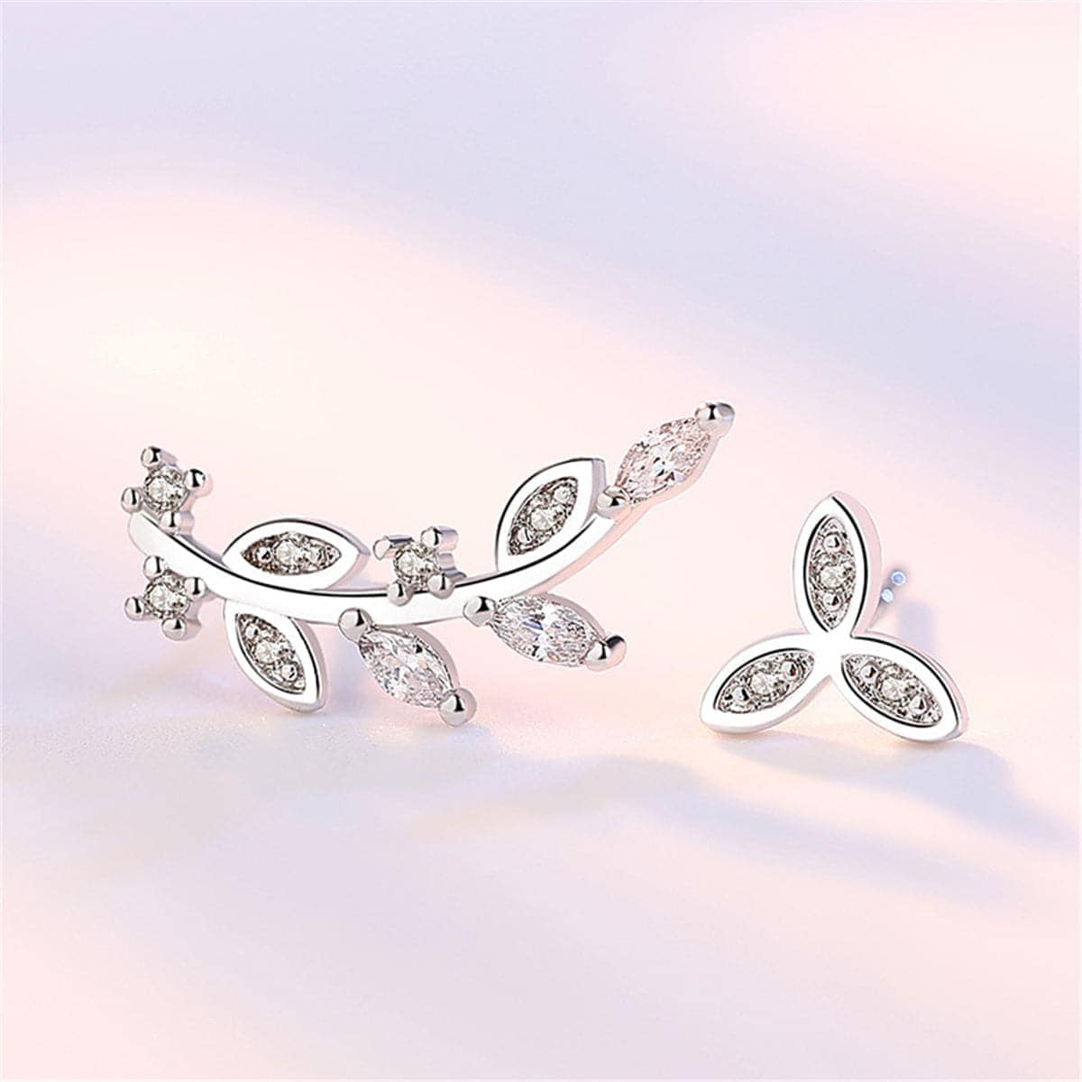Cubic Zirconia Leaves Ear Climber & Silvertone Stud Earring