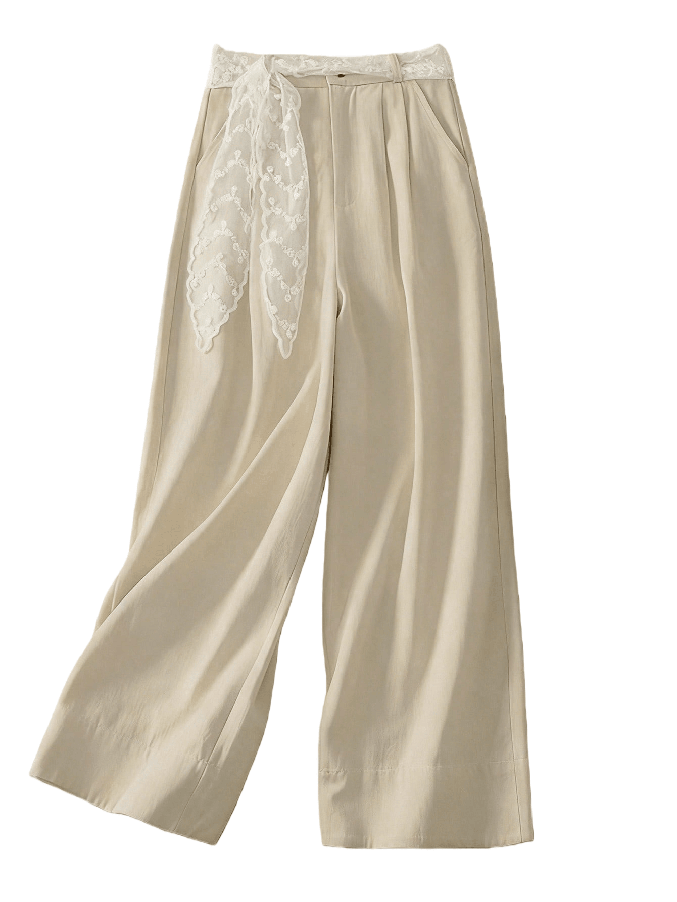 Chic YC Women's Beige Wide-Leg Pants Spring Summer Elegant Lace