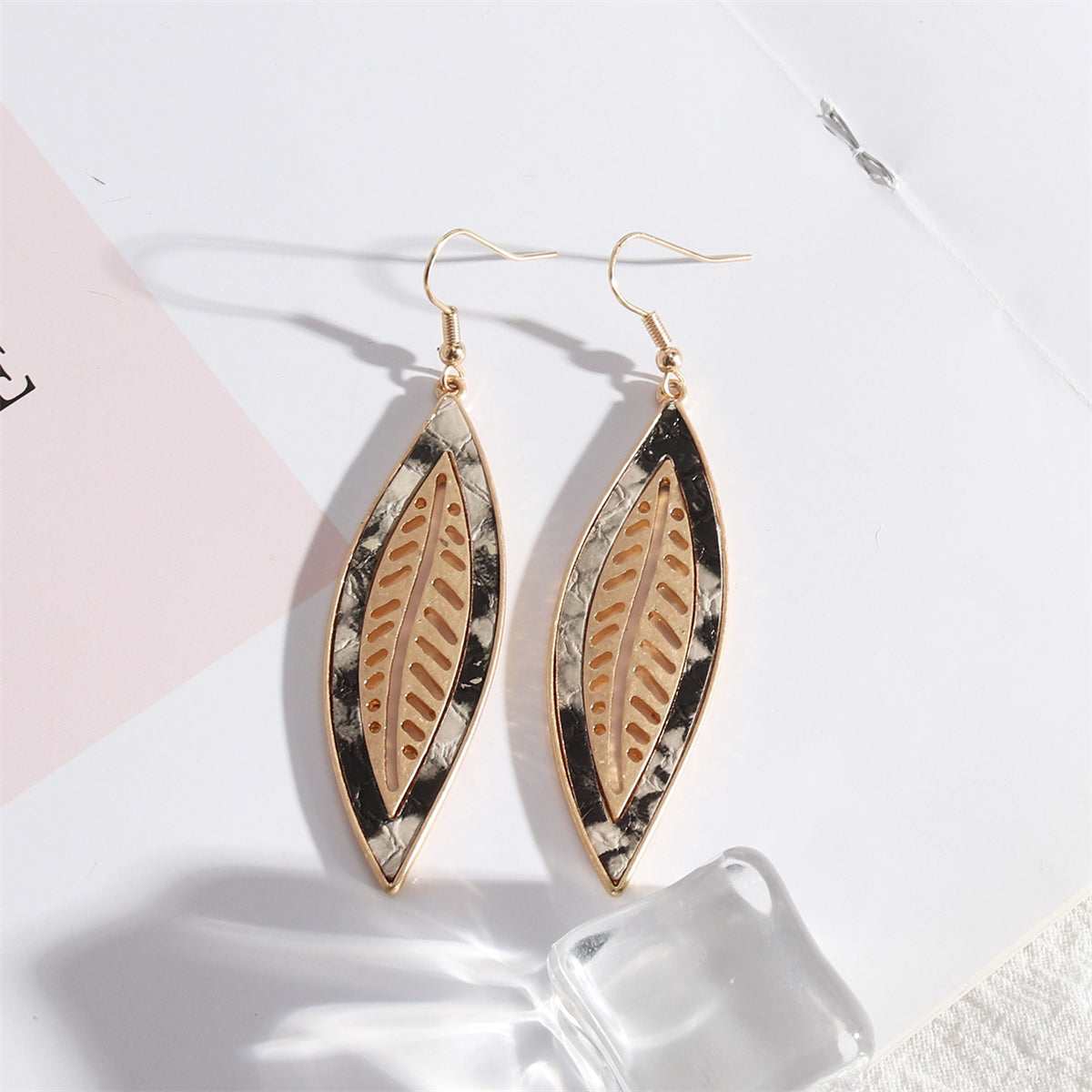 Gray Polyurethane & Goldtone Snakeskin-Embossed Leaf Drop Earrings