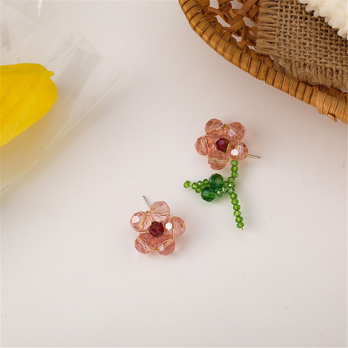 Red Acrylic & Goldtone Flower Stud Earrings