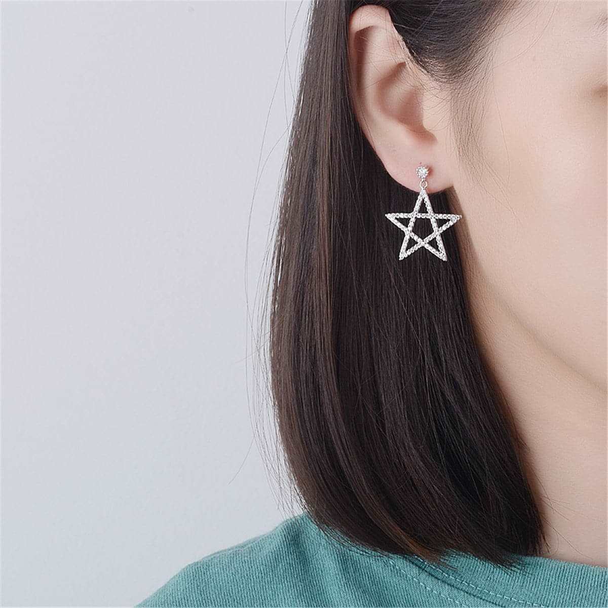 Cubic Zirconia & Silvertone Openwork Star Drop Earrings