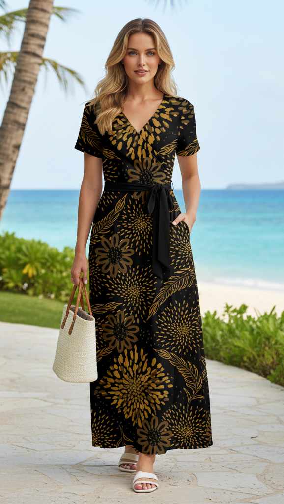 black and gold leaf print dress Lily by Firmiana Women’s Short Sleeve Maxi Women’s Apparel valentines