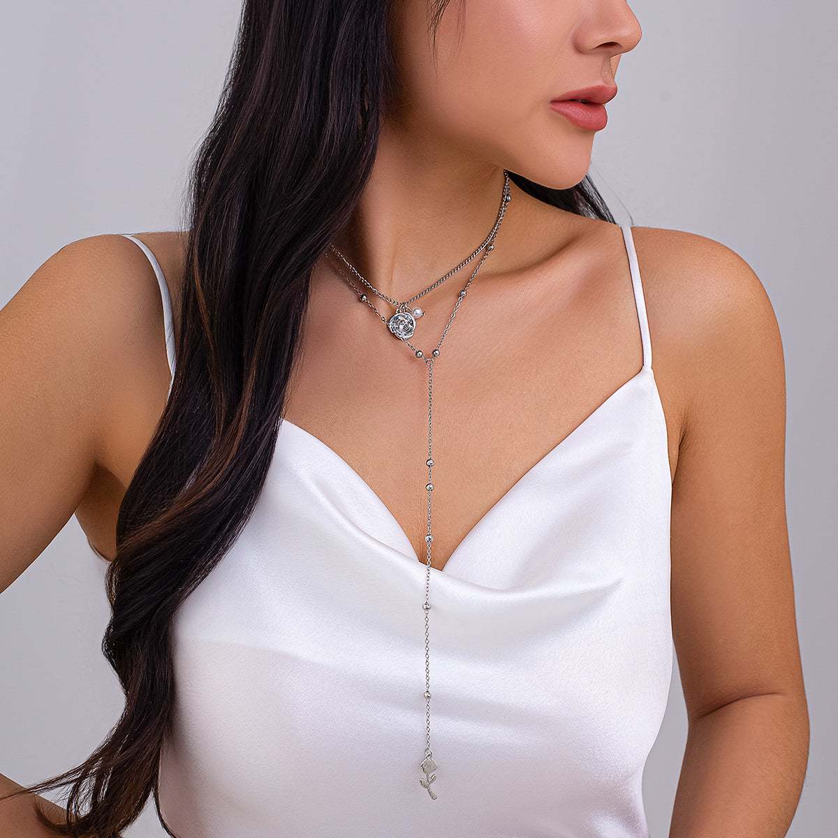 Pearl & Silvertone Rose Drop Layered Necklace