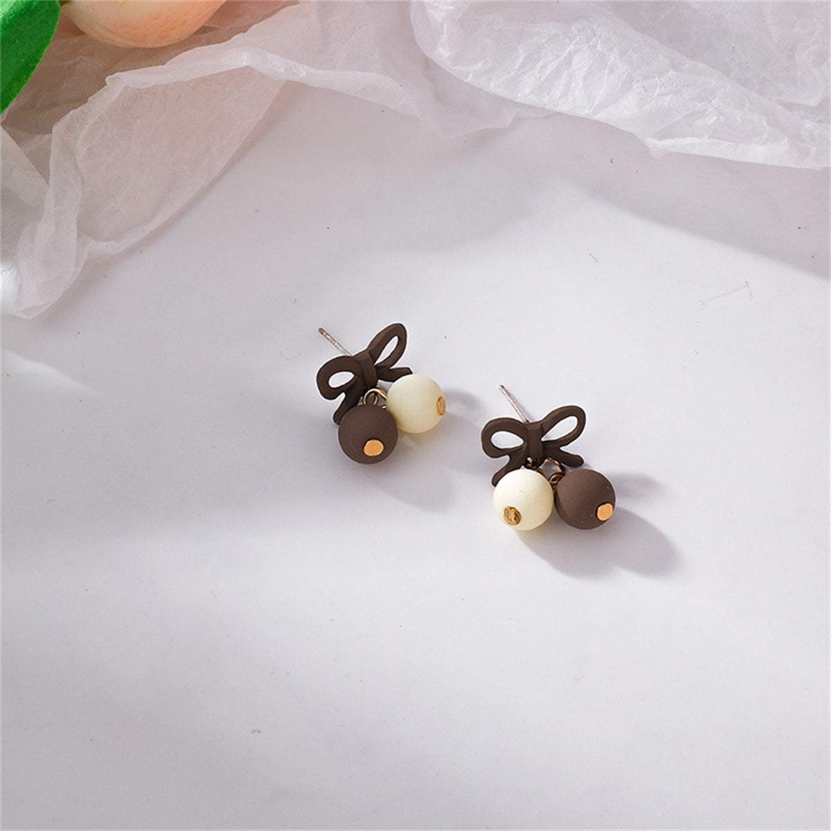 Coffee Enamel & Goldtone Bow Drop Earrings
