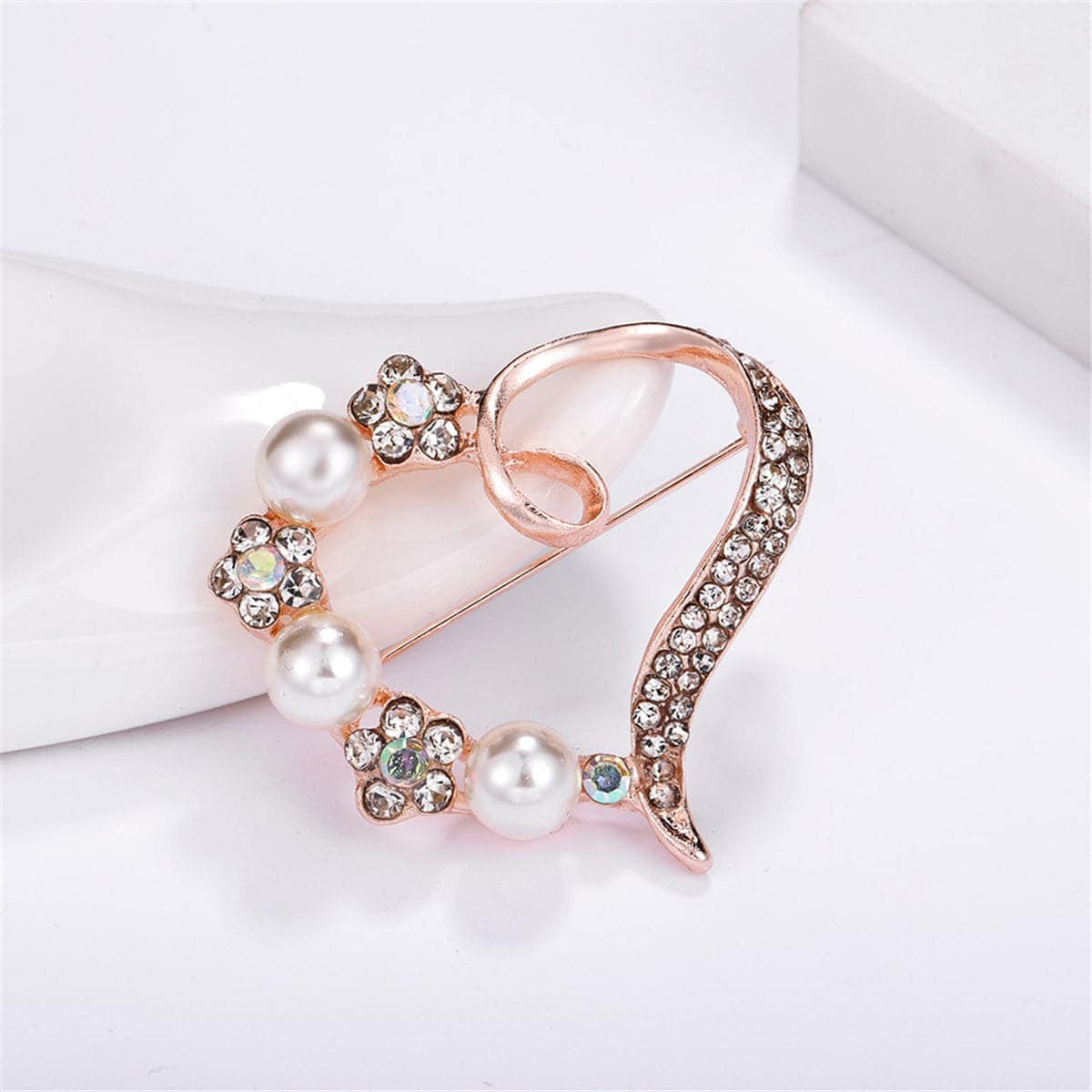 Cubic Zirconia & Pearl Rose Goldtone Hollow Heart Brooch