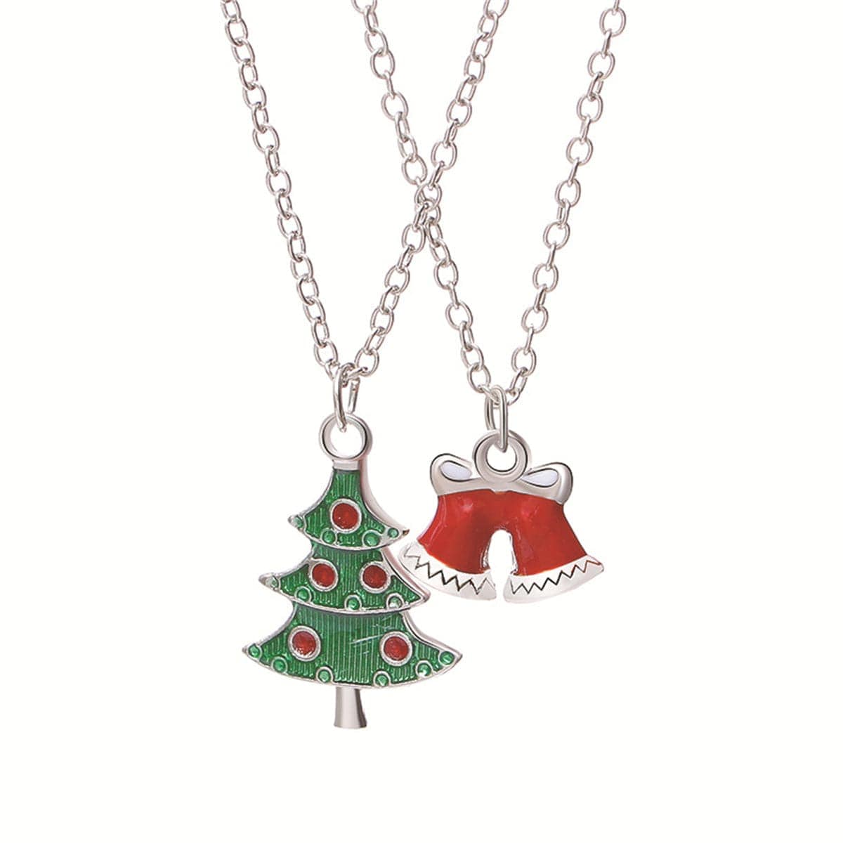 Green Silvertone Christmas Tree & Bells Pendant Necklace Set