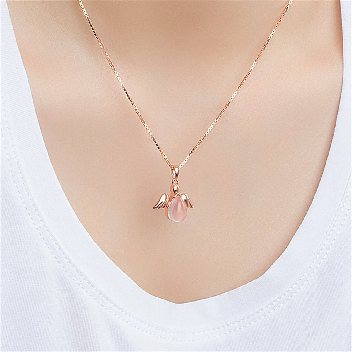 Pink Quartz & Rose Goldtone Angel Pendant Necklace