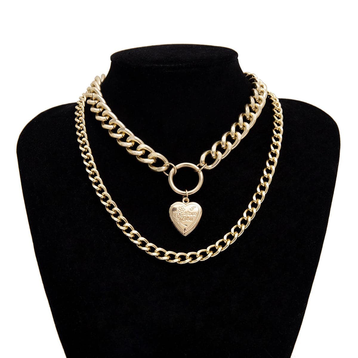 Goldtone Heart Figaro Pendant Necklace