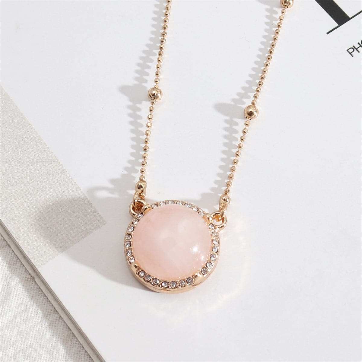 Cubic Zirconia & Pink Crystal Ball Station Chain Halo Round Pendant Necklace