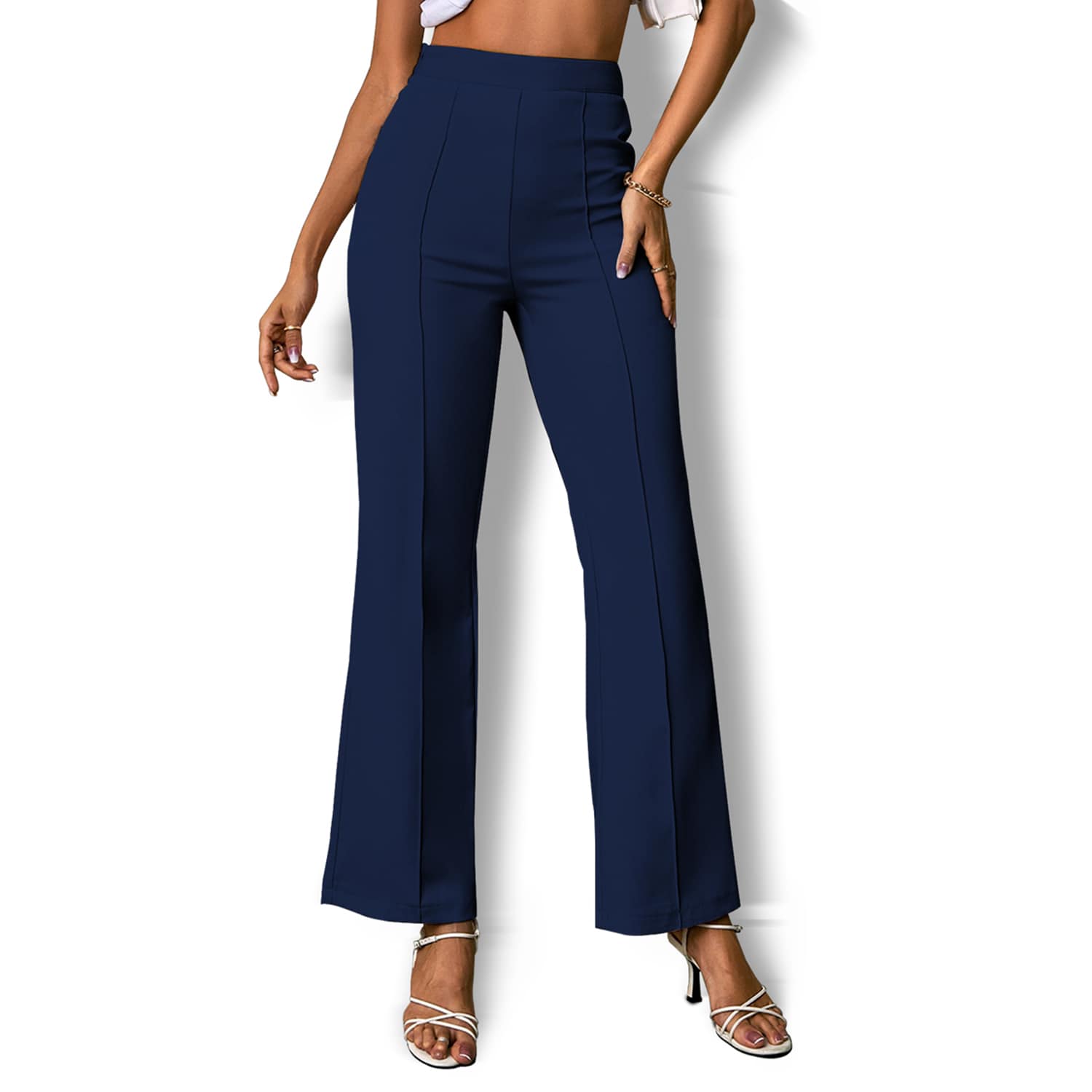 Dark Blue Elastic Waist Bootcut Pants Dark Blue / M