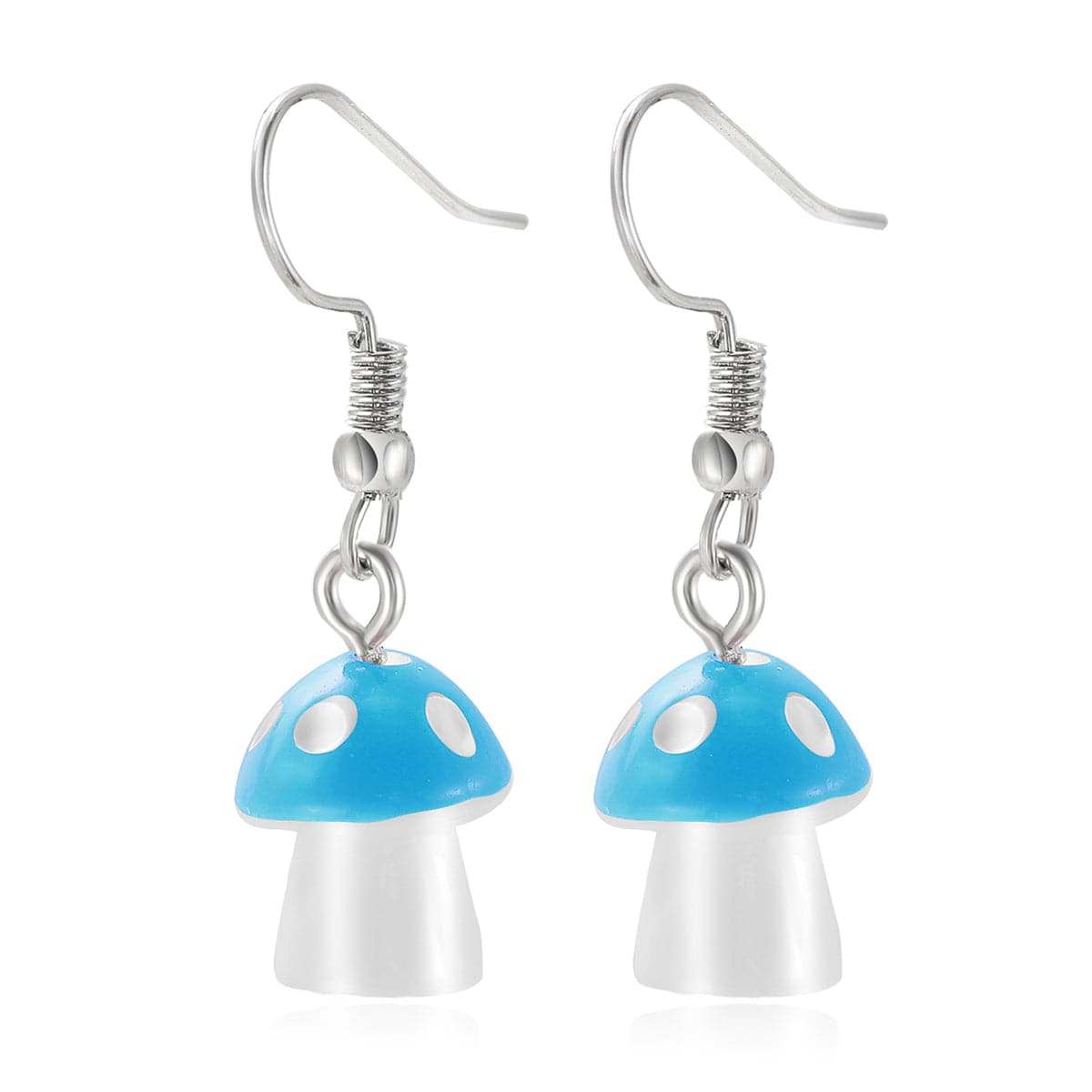 Blue Resin & Silvertone Dot Mushroom Drop Earrings