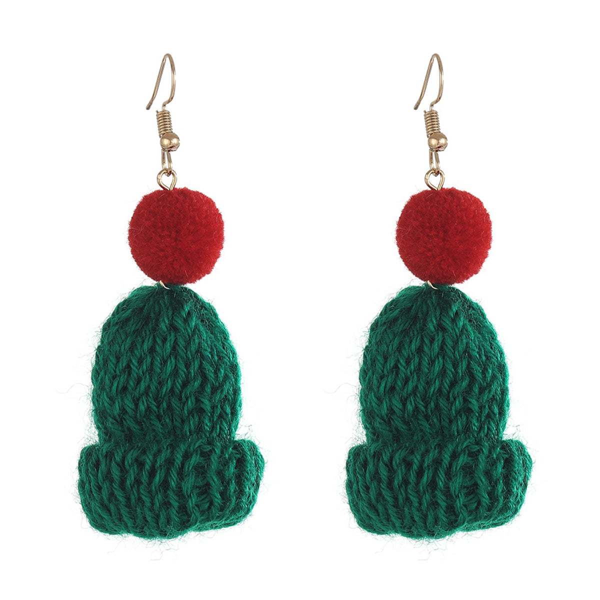 Green & Red Wool & Goldtone Hat Drop Earrings