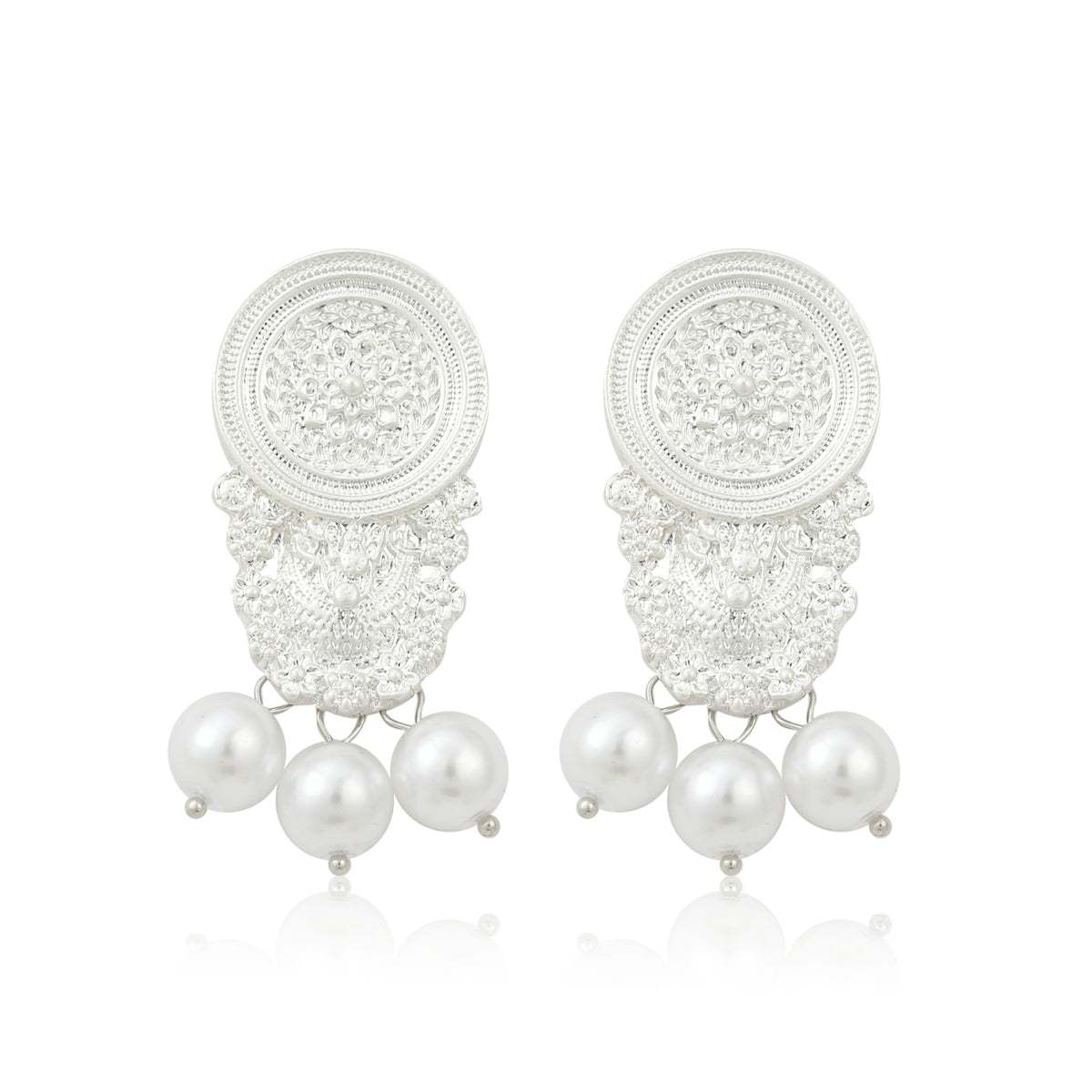 Pearl & Silvertone Carved Ornate Drop Earrings
