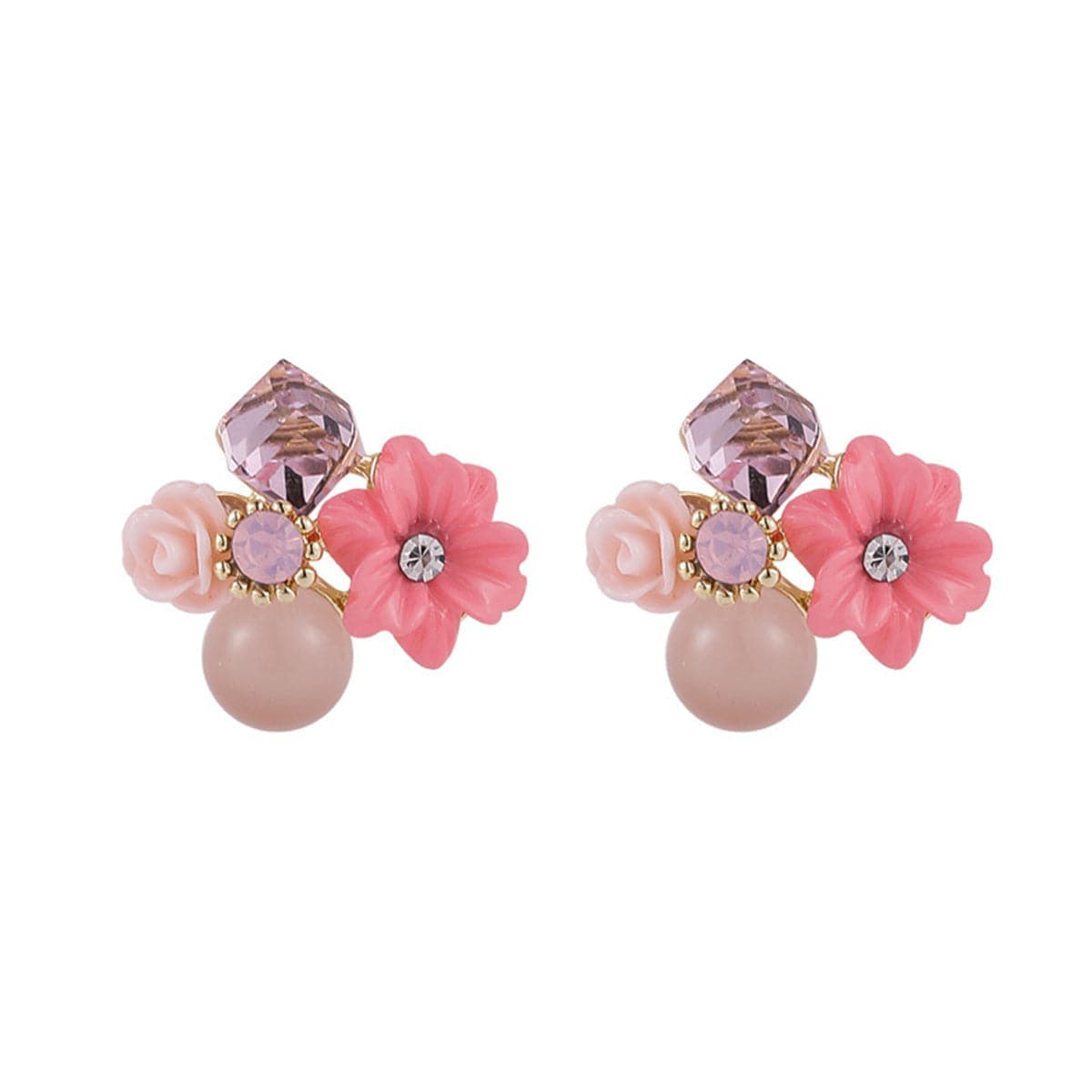 Pink Crystal & Cubic Zirconia Flower Cluster Stud Earrings