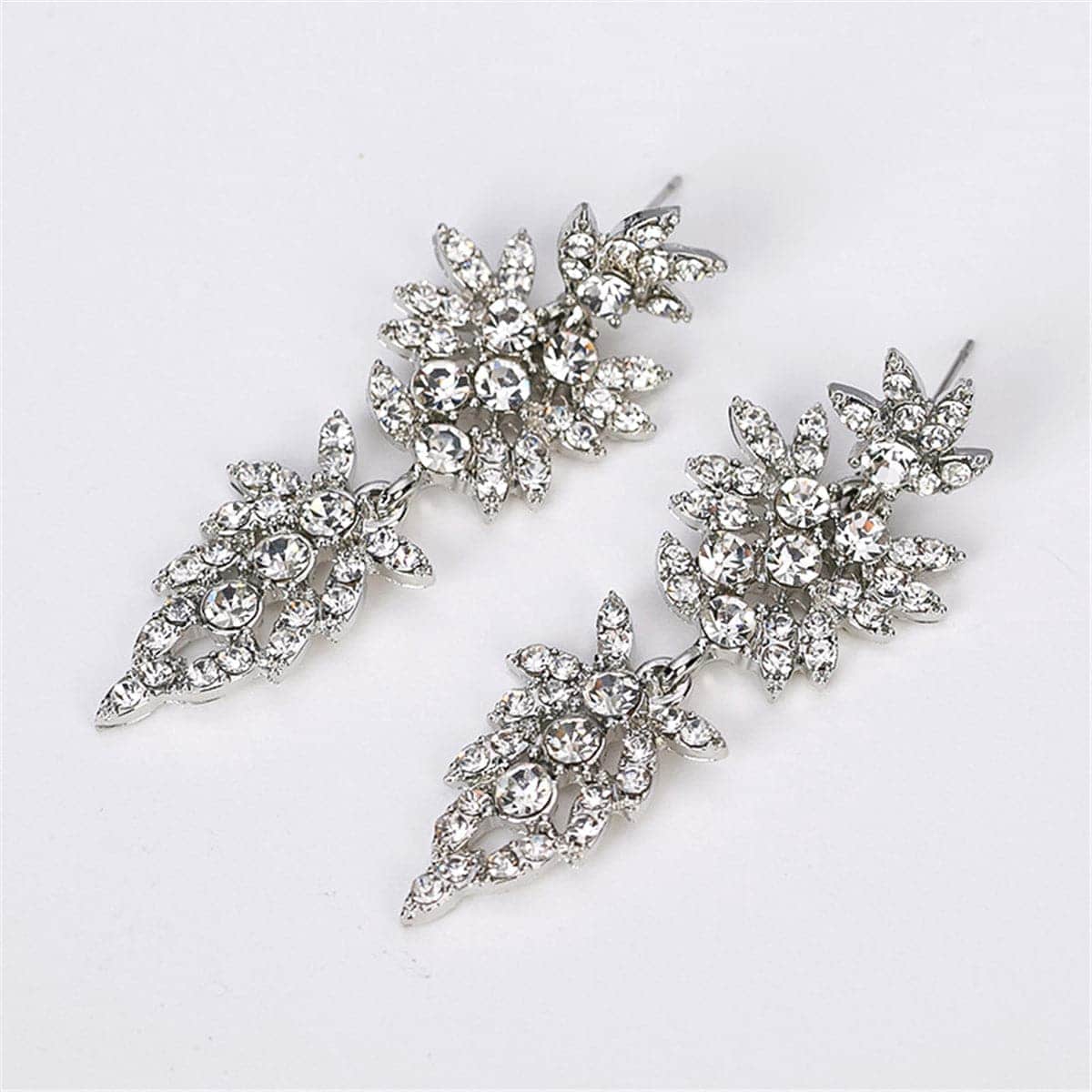 Cubic Zirconia & Silvertone Tiered Flower Drop Earrings