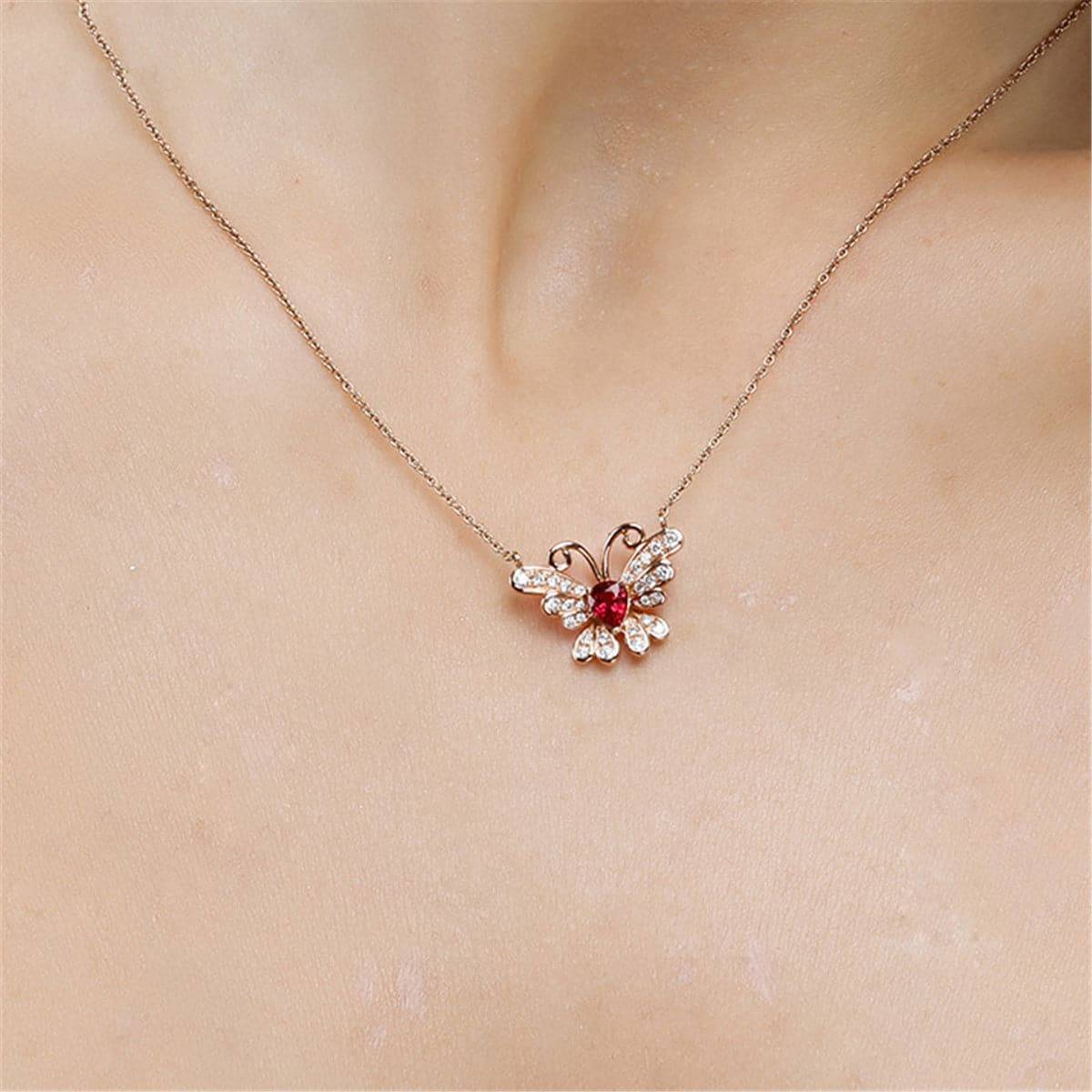 Red Crystal & Cubic Zirconia Rose Goldtone Butterfly Pendant Necklace