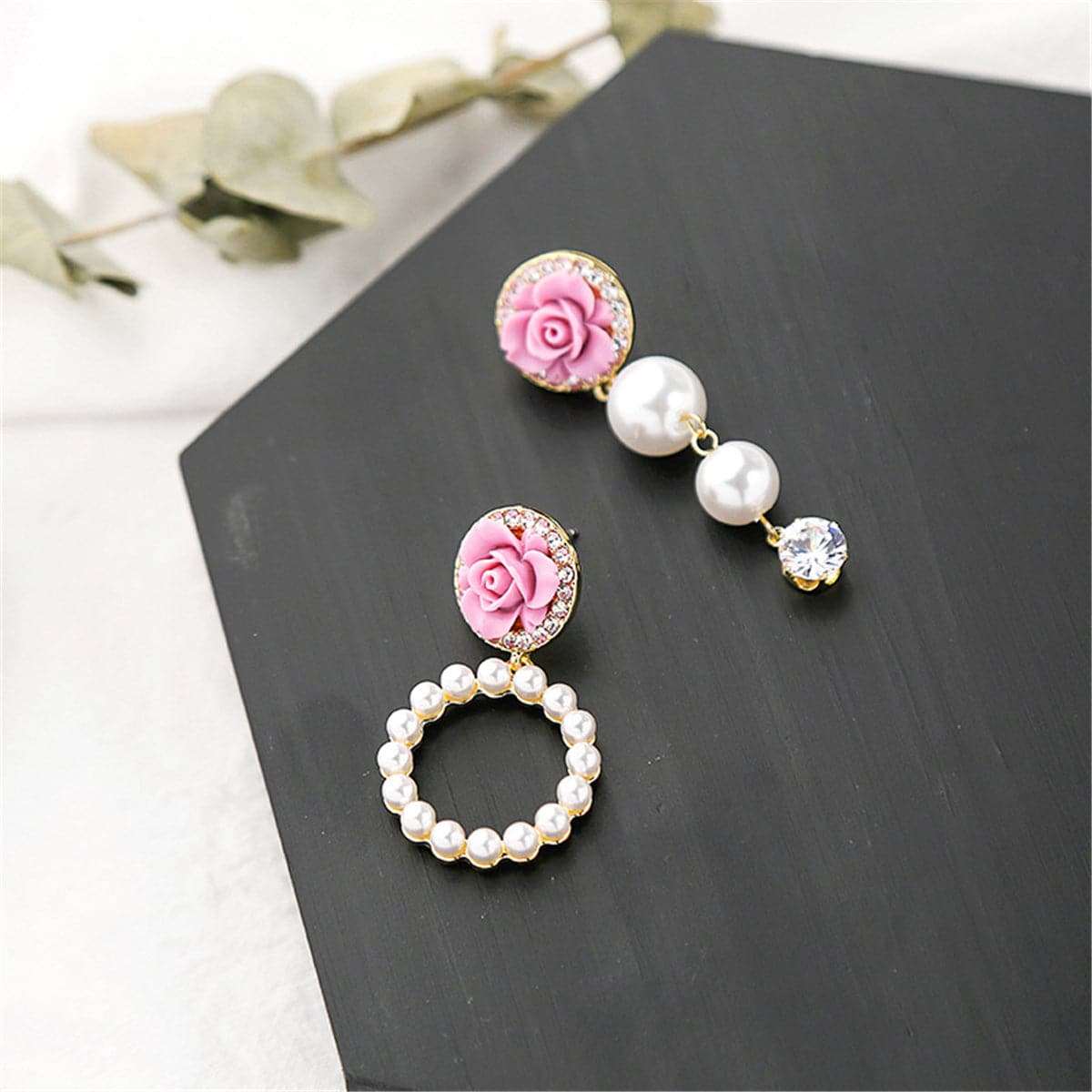 Cubic Zirconia & Pearl Resin Goldtone Flower Drop Earring