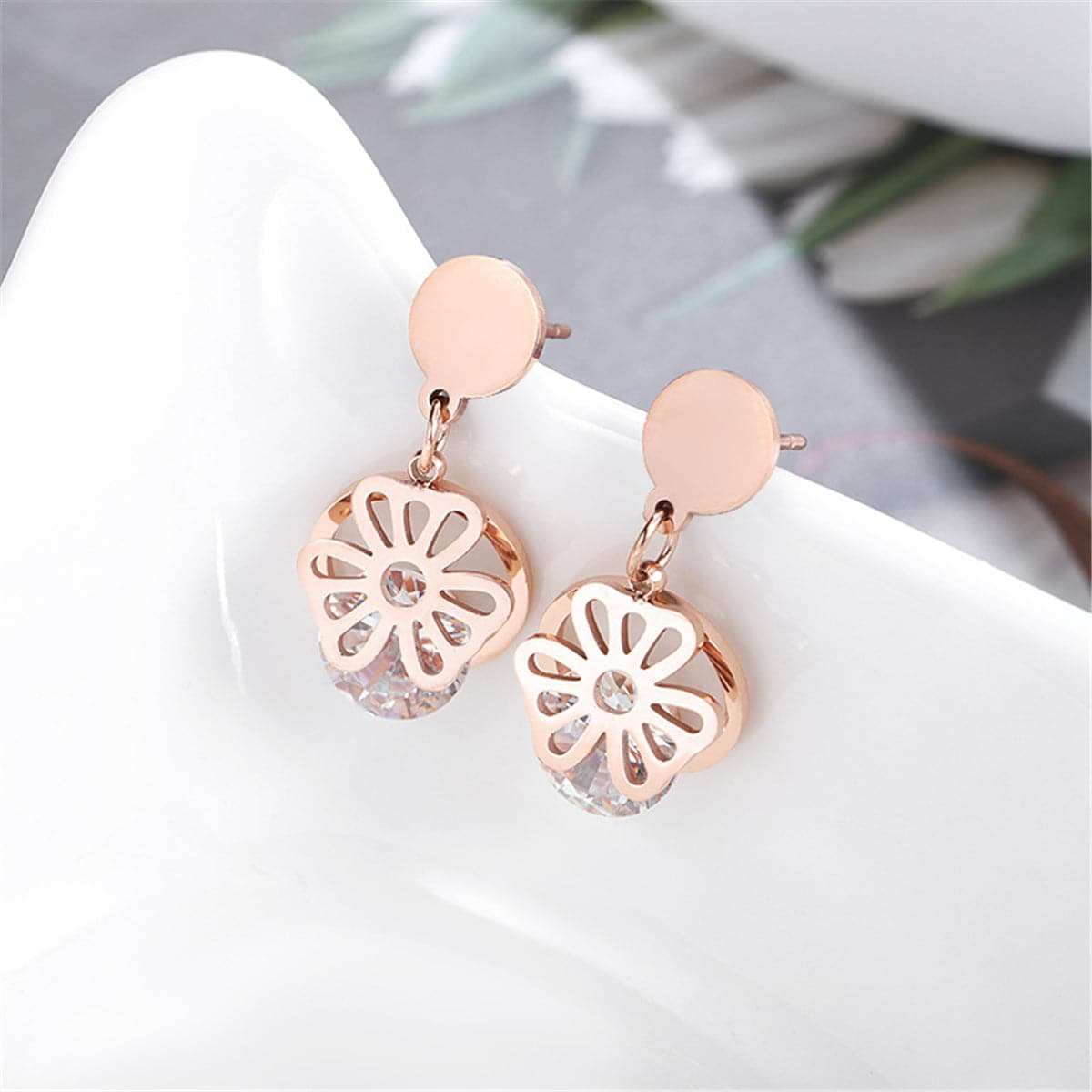 Cubic Zirconia & Rose Goldtone Open Flower Drop Earrings