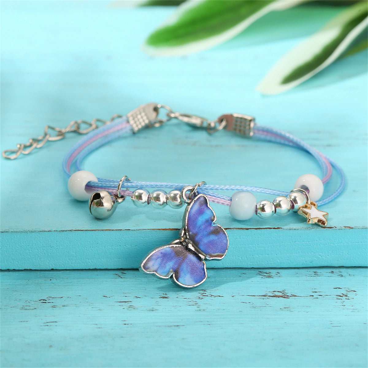 Dark Blue Enamel & Silvertone Butterfly Charm Bracelet