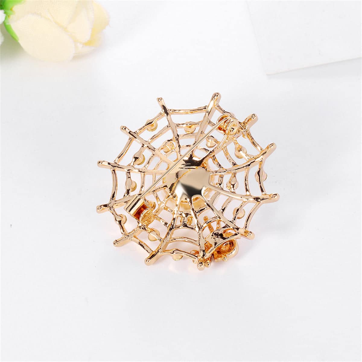 Clear Cubic Zirconia & Pearl Goldtone Spider Web Brooch