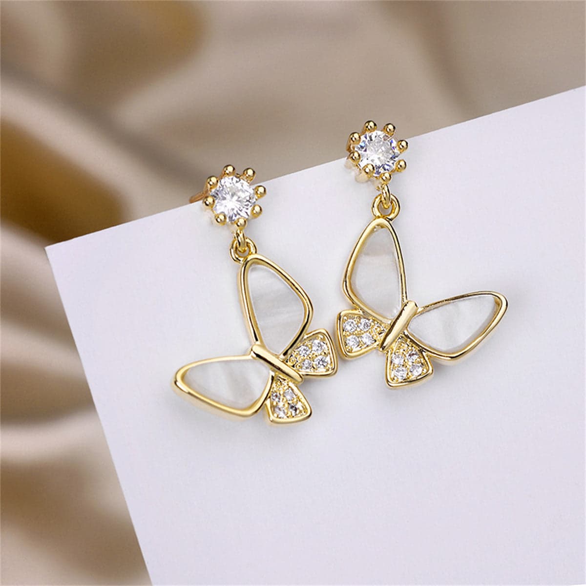Cubic Zirconia & Goldtone Shell-Accent Butterfly Drop Earrings