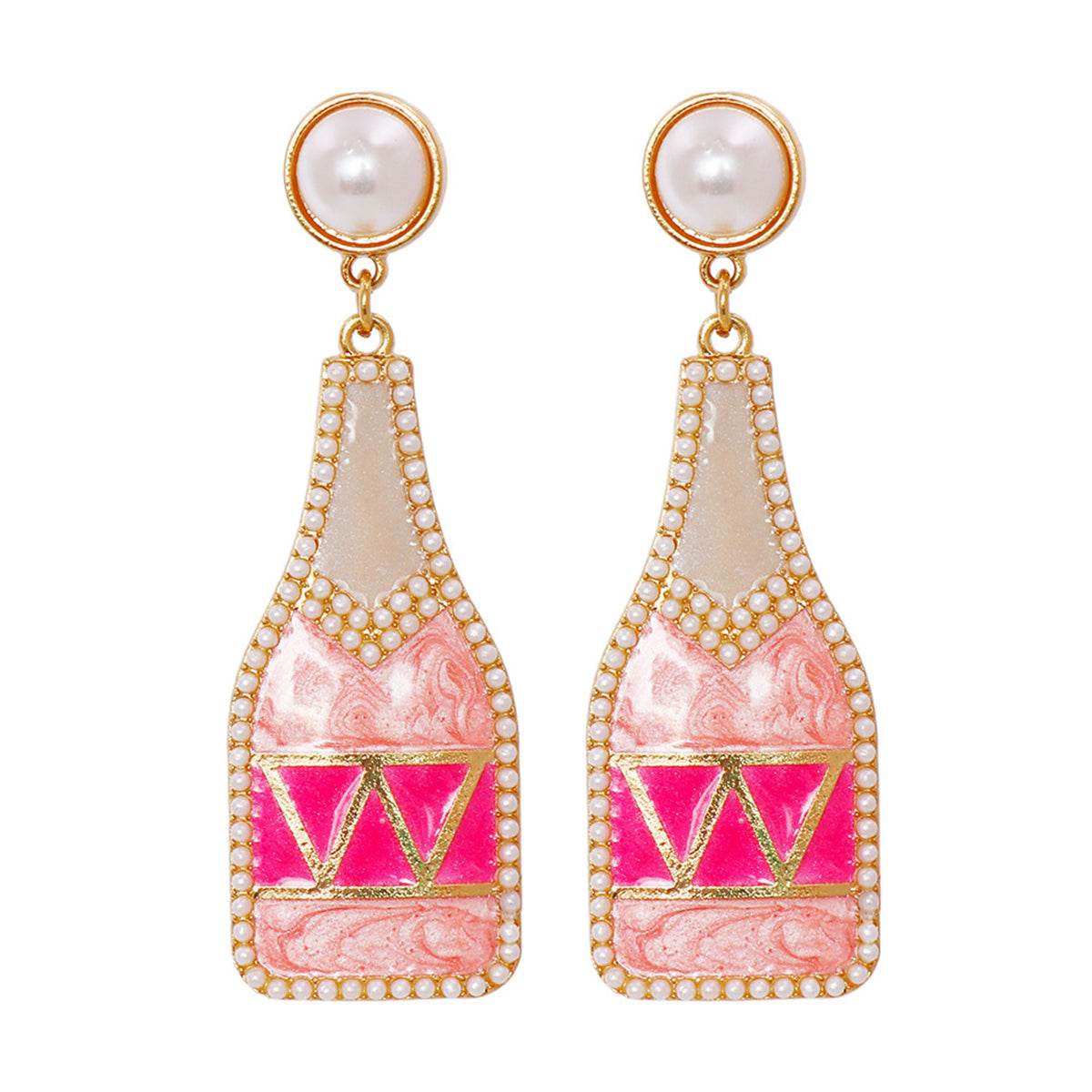 Pink Enamel & Pearl Goldtone Bottle Drop Earrings