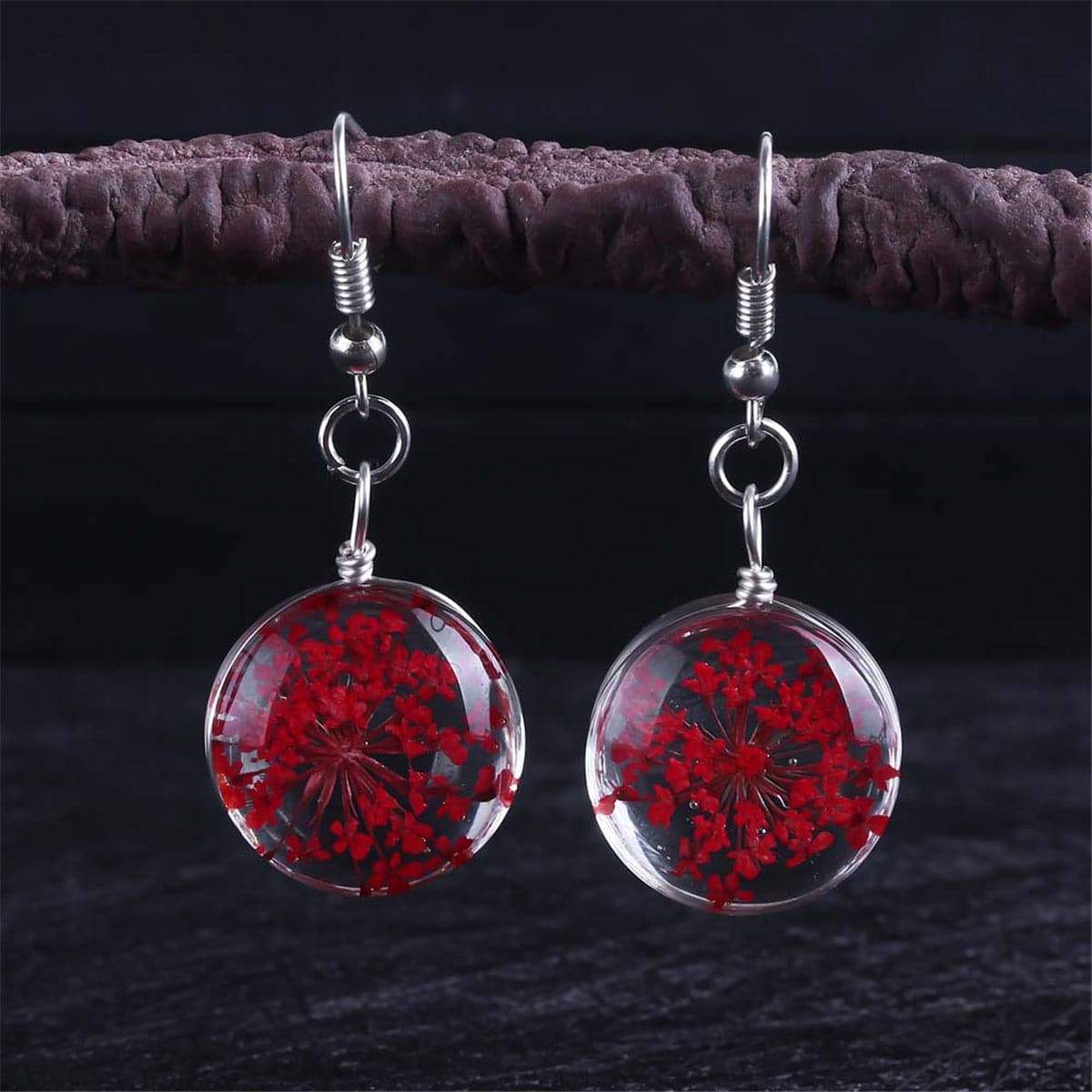 Red Gypsophila & Silver Plated Drop Earrings