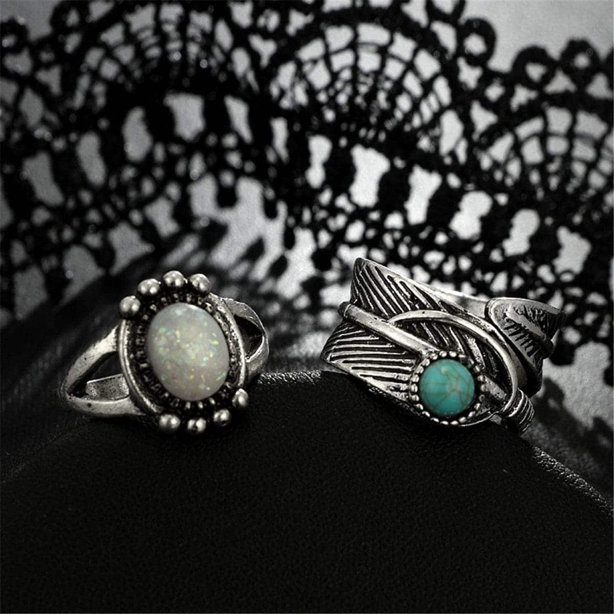 Turquoise & Silvertone Leaf Feather Ring Set