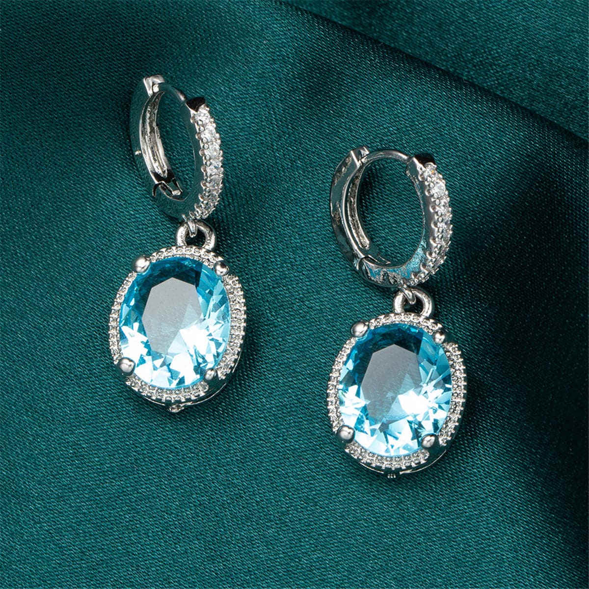 Sea Blue Crystal & Silvertone Halo Oval Drop Earrings