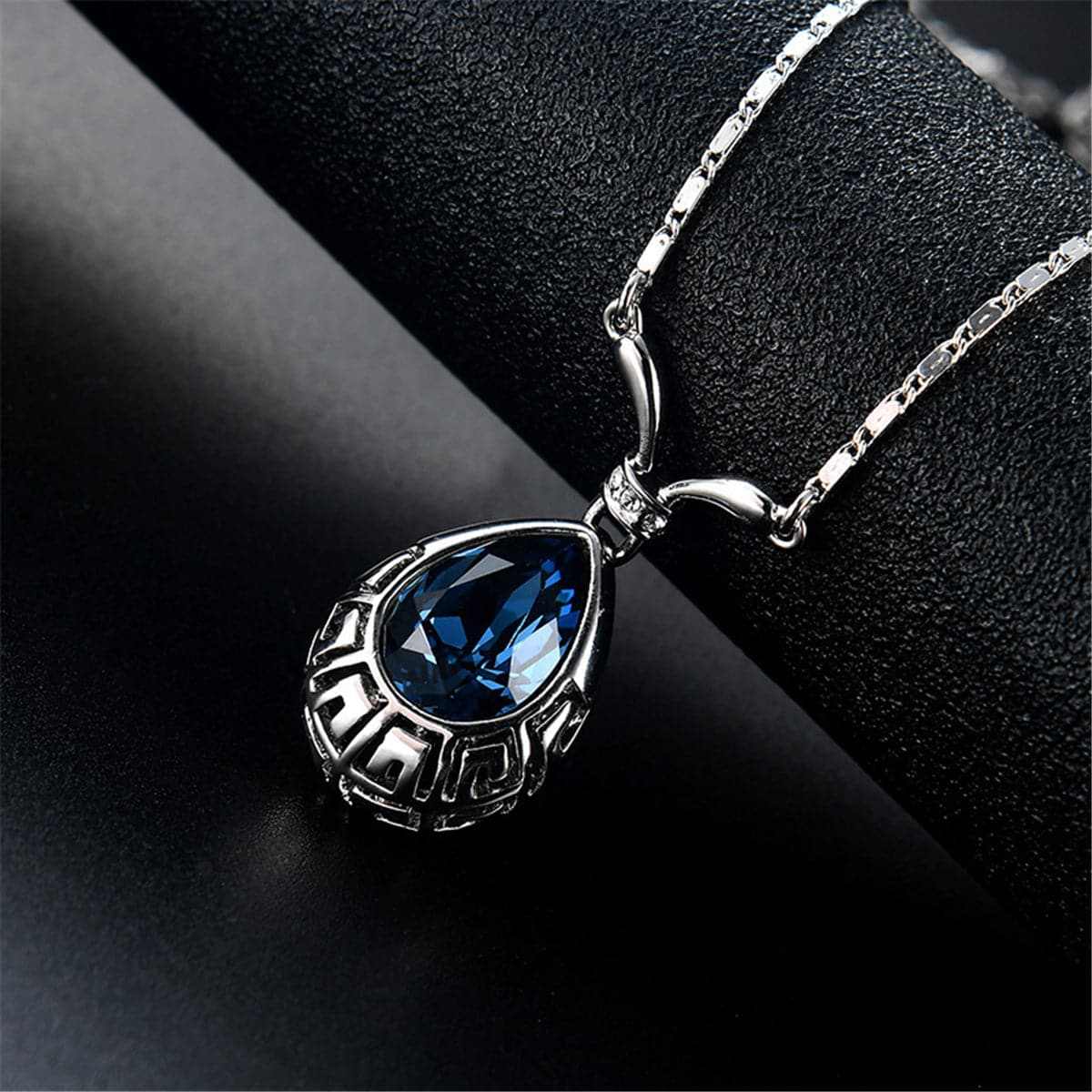 Blue & Silvertone Greek Key Pendant Necklace & Drop Earrings