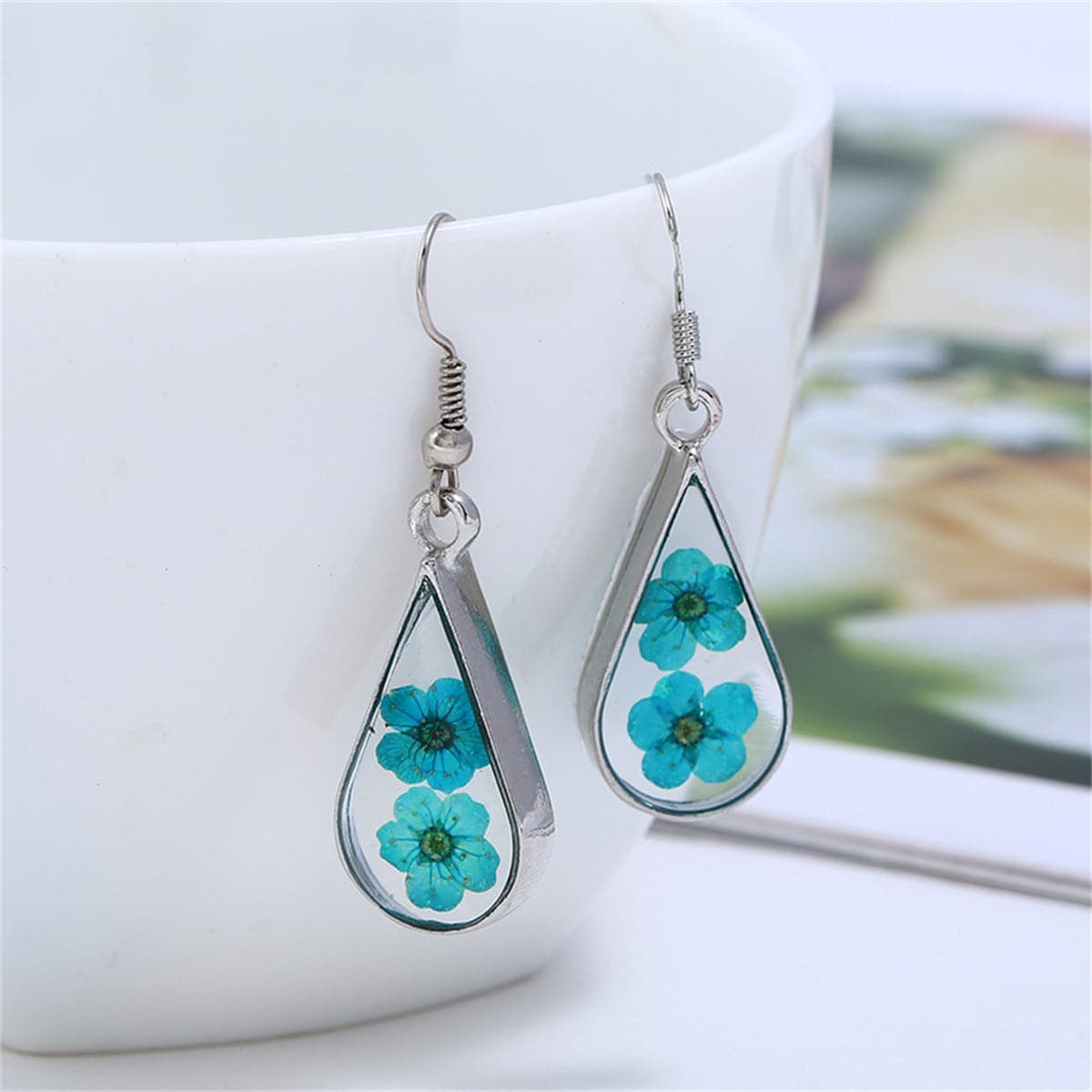 Blue Pressed Peach Flower & Silvertone Drop Earrings