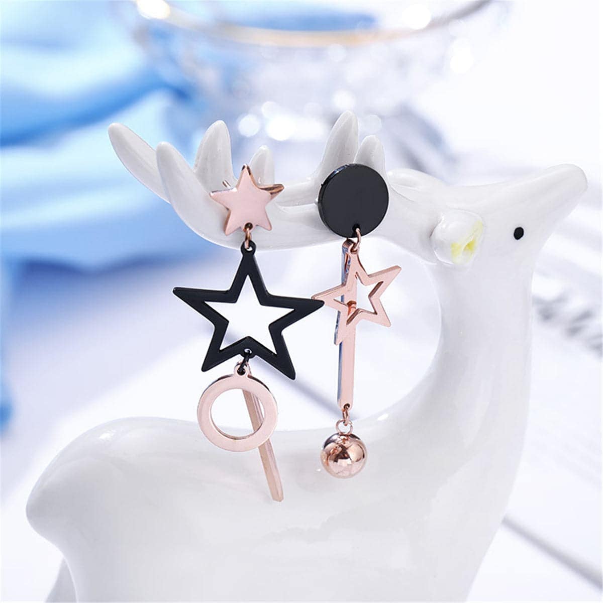 Black & Rose Goldtone Star Asymmetric Drop Earrings