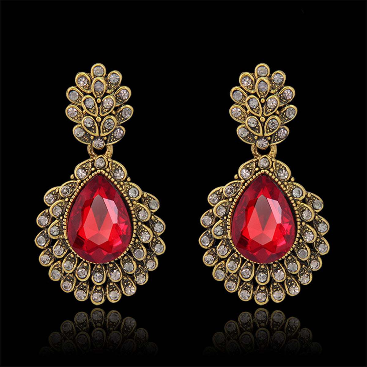 Red Crystal & Cubic Zirconia Ornate Floral Drop Earrings