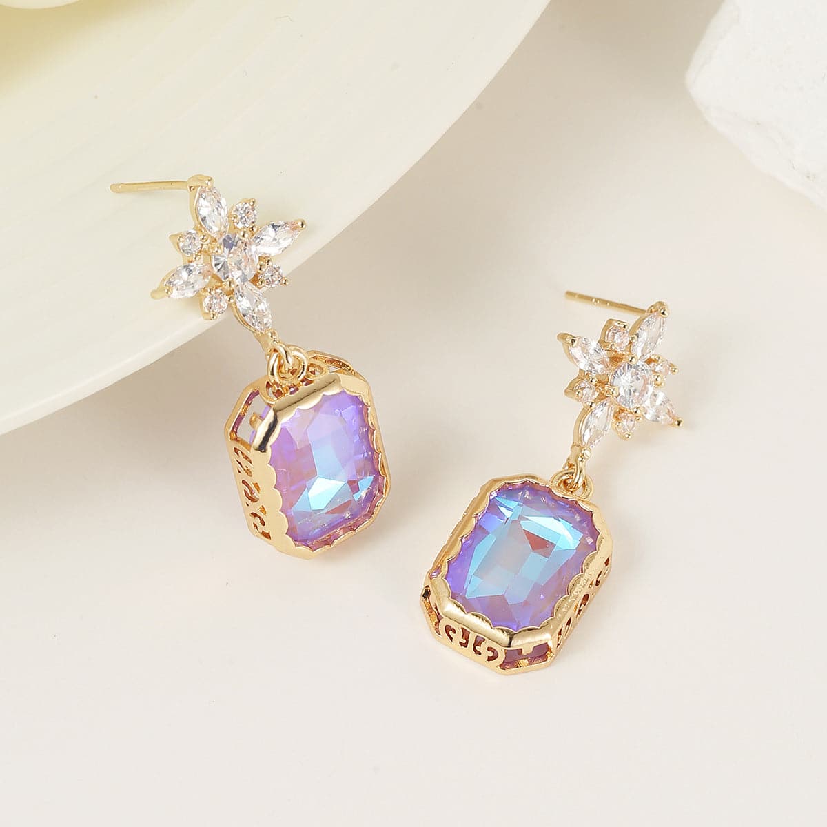 Purple Crystal & Cubic Zirconia Goldtone Star Rectangle Dangle Earrings