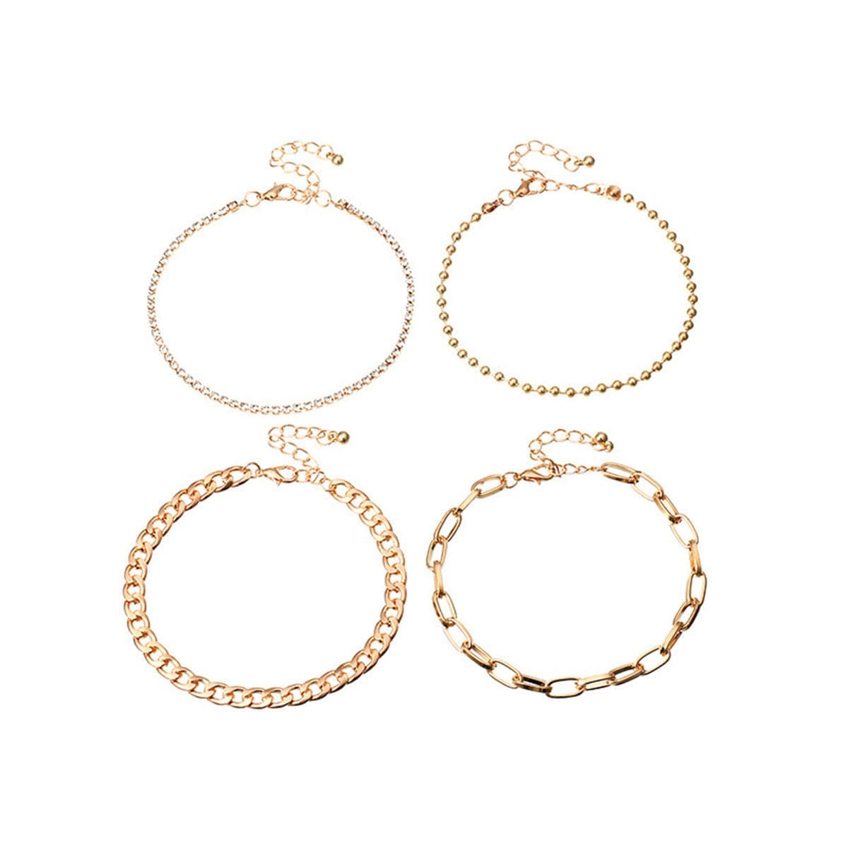 Cubic Zirconia & Goldtone Figaro Bead Anklet Set