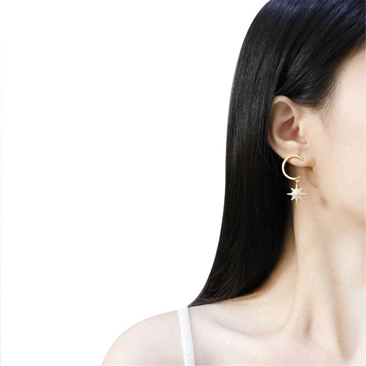 Cubic Zirconia & Goldtone Star Under Moon Drop Earrings