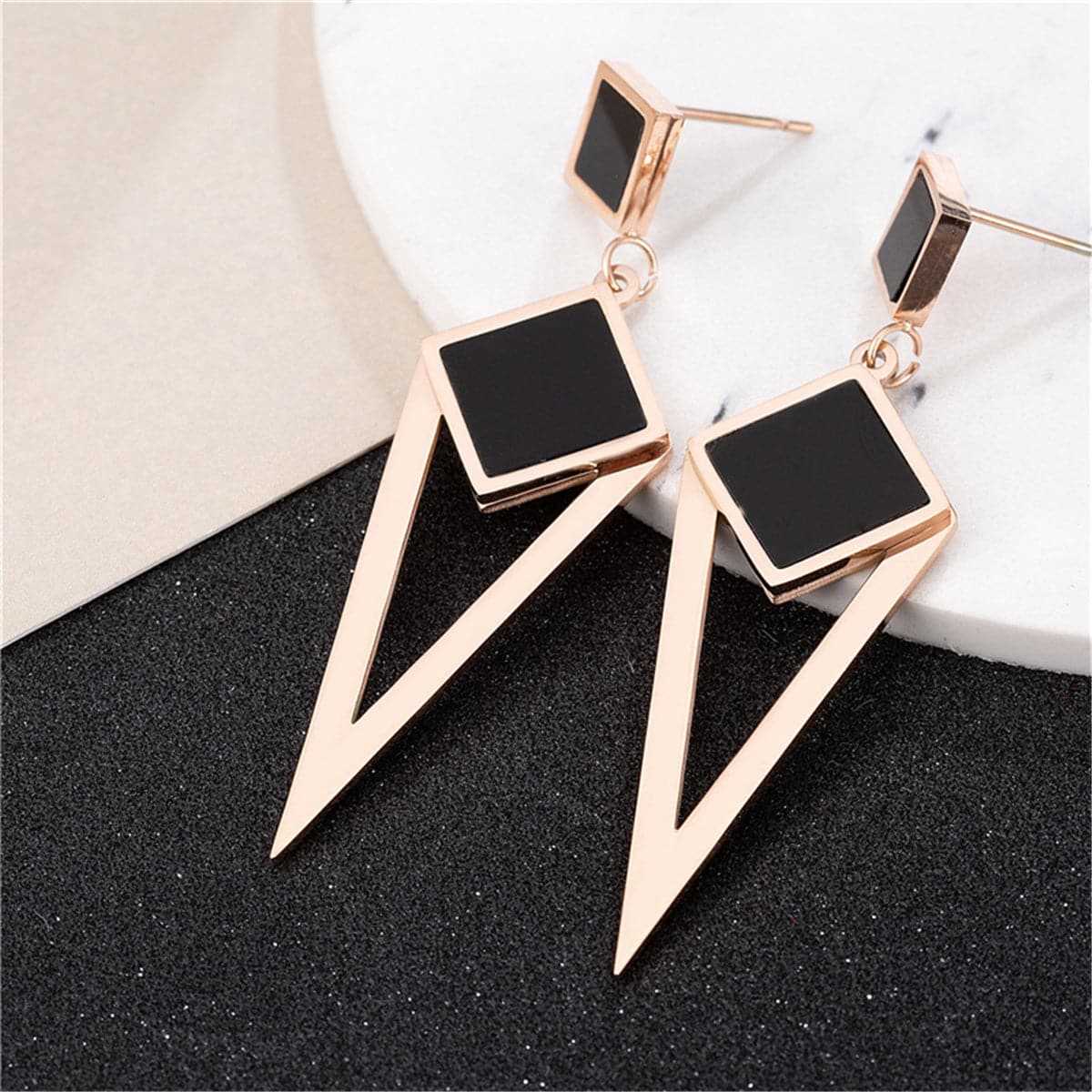 Black & Rose Goldtone Geometric Openwork Drop Earrings