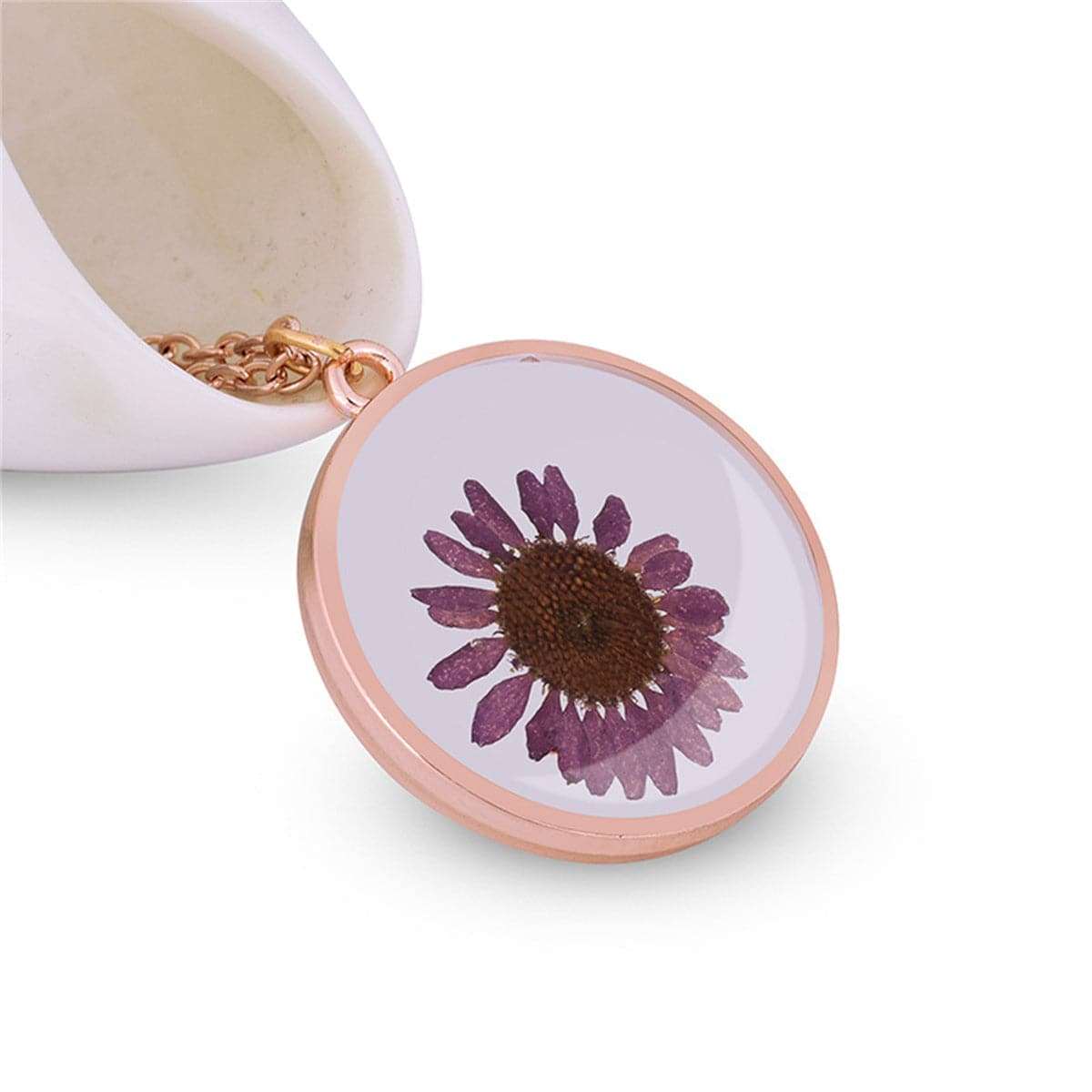 Purple Pressed Mum & Rose Goldtone Round Pendant Necklace